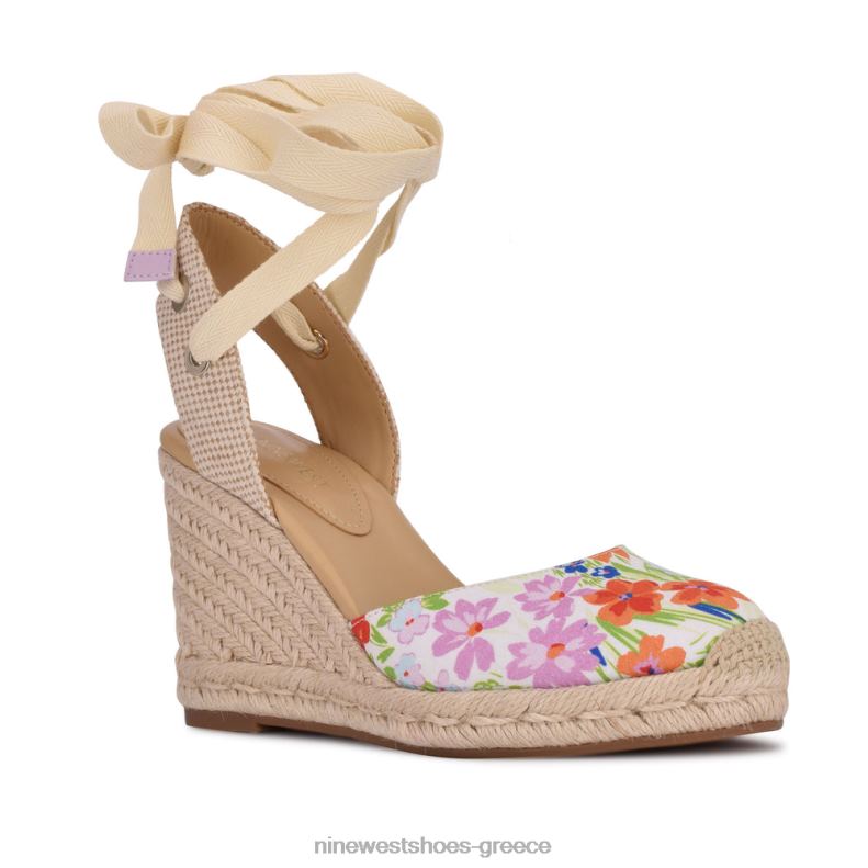 Nine West φίλος αστράγαλος wrap εσπαντρίγγια wedge σανδάλια 2JJ4N842 λευκό λουλουδάτο