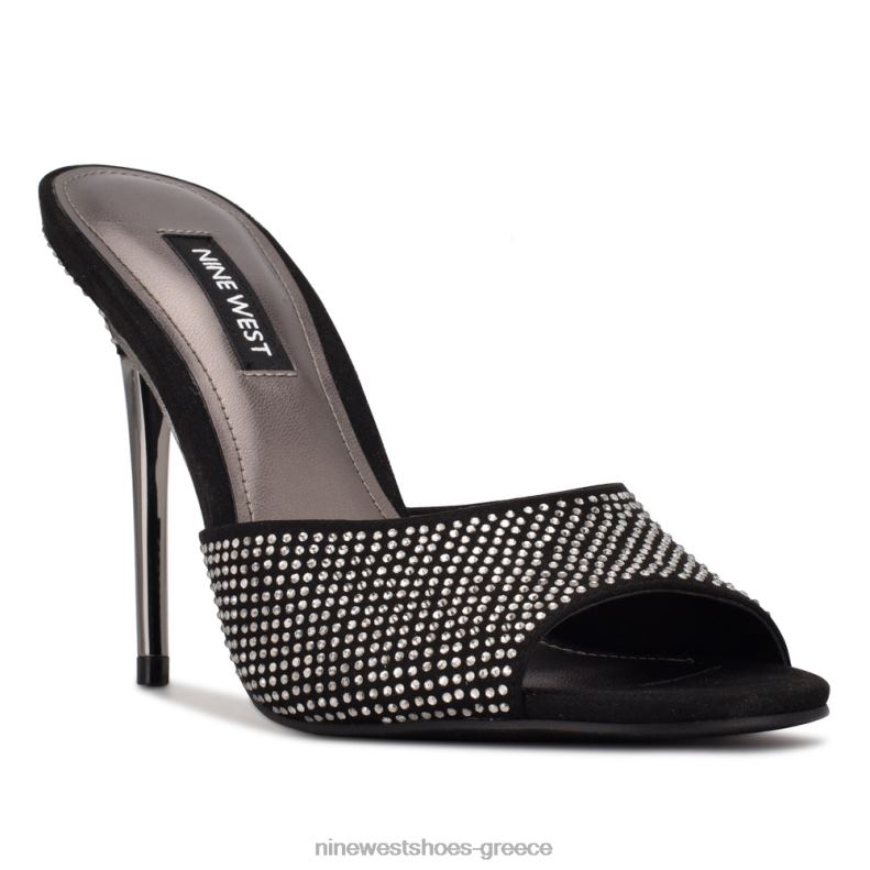 Nine West πέδιλα slide με τακούνι ντίβες 2JJ4N1892 μαύρο σουέτ shimmer